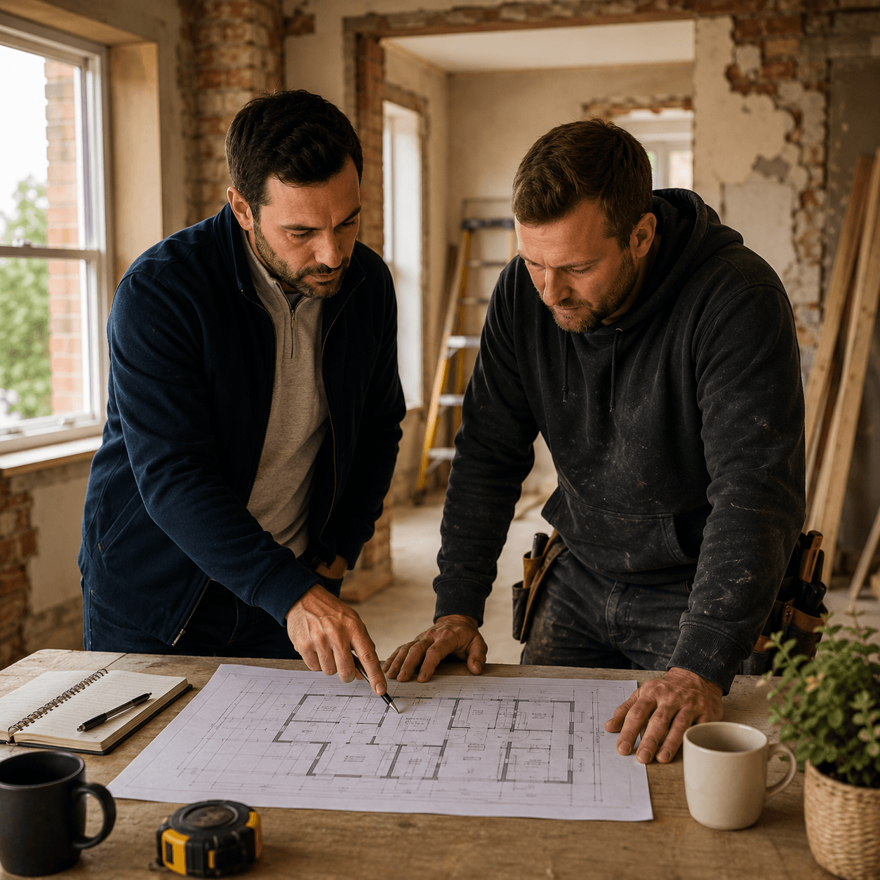 Property consultant and builder reviewing renovation plans together inside a property refurbishment project