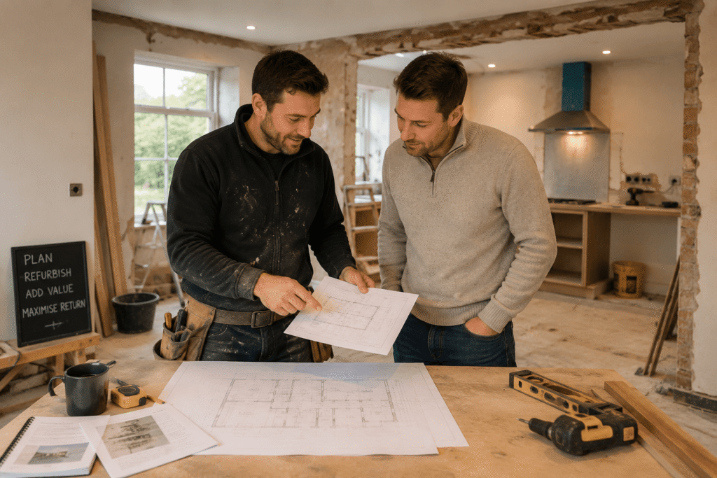 Property refurbishment planning discussion between contractor and property owner