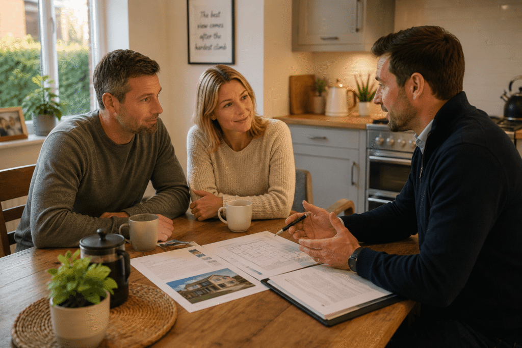 Property consultant meeting with homeowners to discuss property sale options and tailored solutions